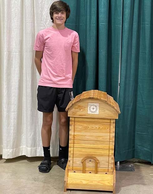 One of Layton's woodworking projects on display